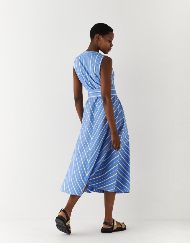 Vestido midi camisero algod&oacute;n rayas azul/blanco
