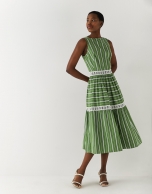 Cotton flounce dress with green and white stripes