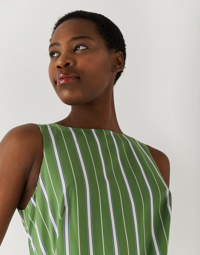 Vestido con volante algod&oacute;n rayas verde/blanco