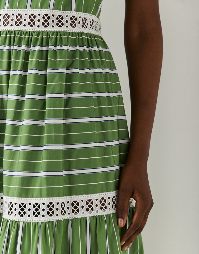 Vestido con volante algod&oacute;n rayas verde/blanco