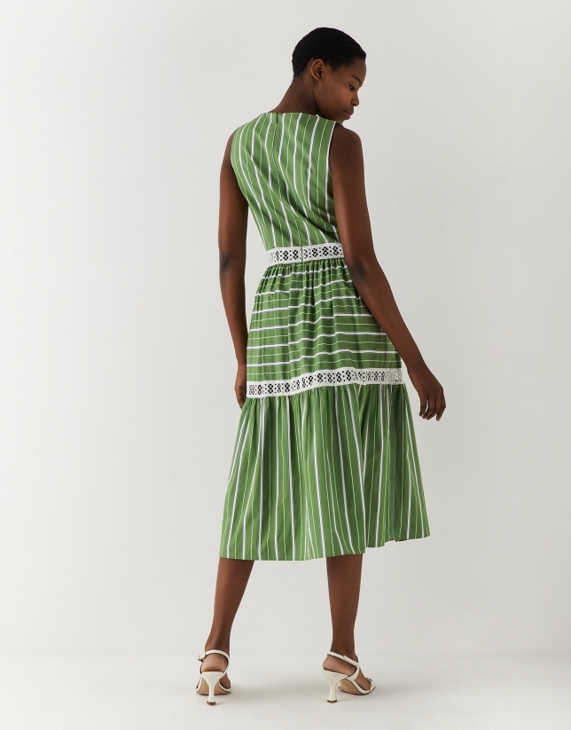 Vestido con volante algod&oacute;n rayas verde/blanco