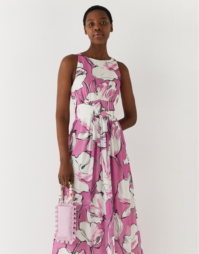 Twill midi dress with boat neck and lavender floral print