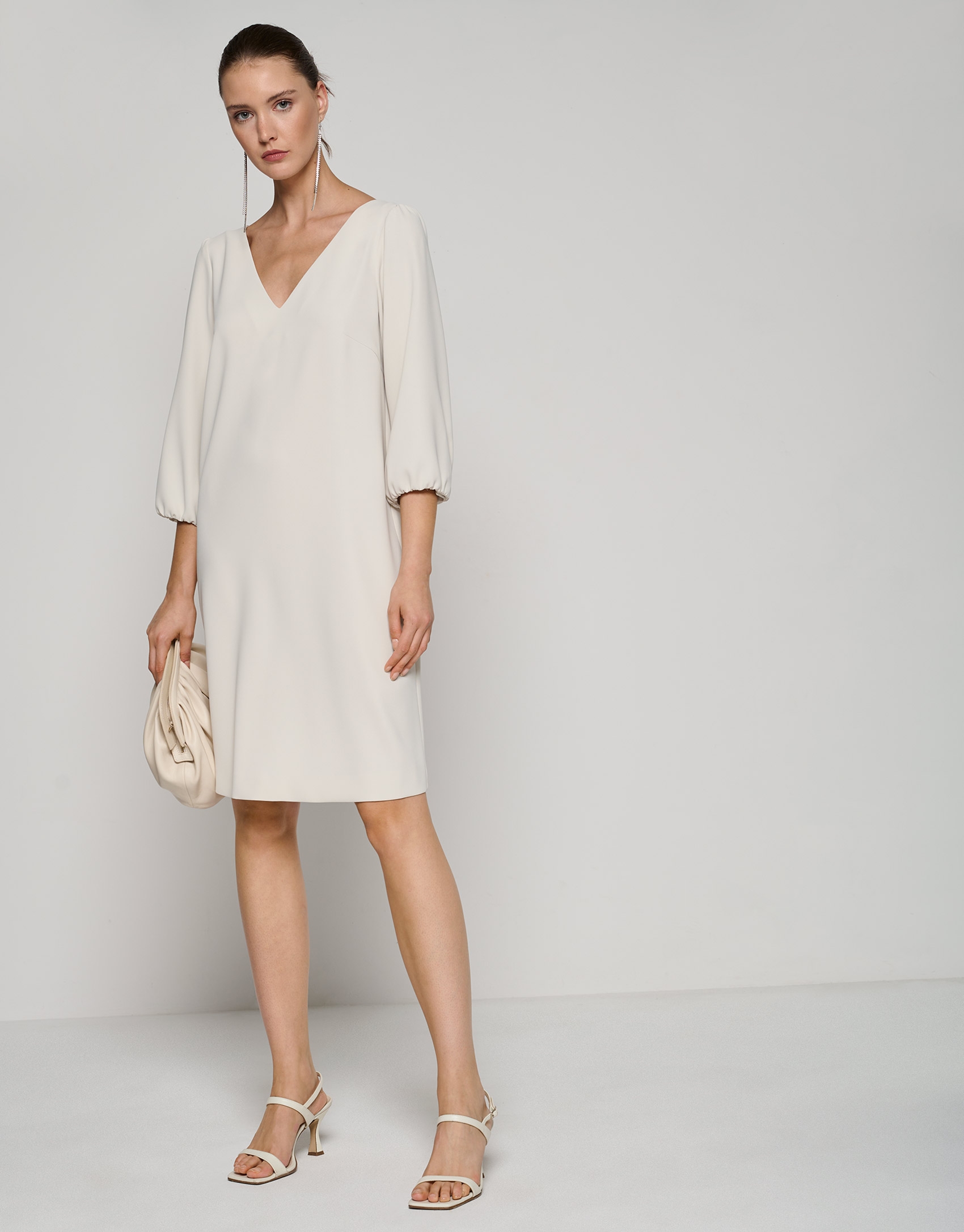 Vestido manga larga abullonada crep&eacute; hielo