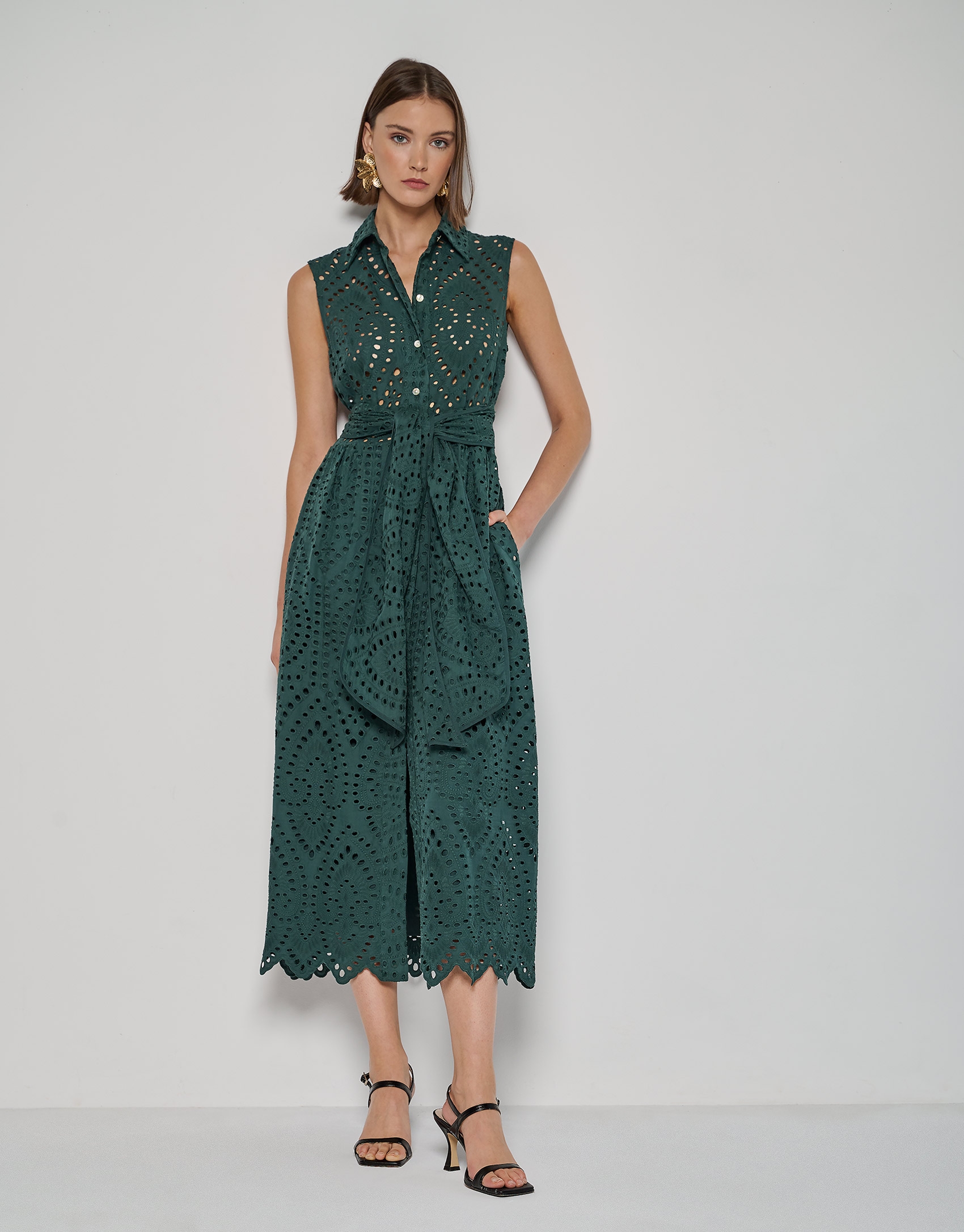 Green sleeveless shirtwaist dress with Swiss lace embroidery