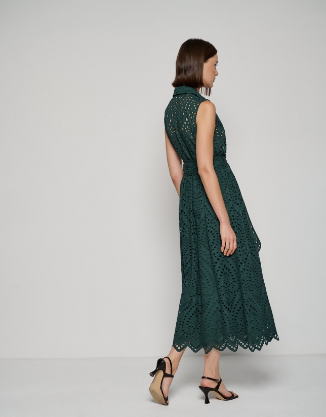 Green sleeveless shirtwaist dress with Swiss lace embroidery
