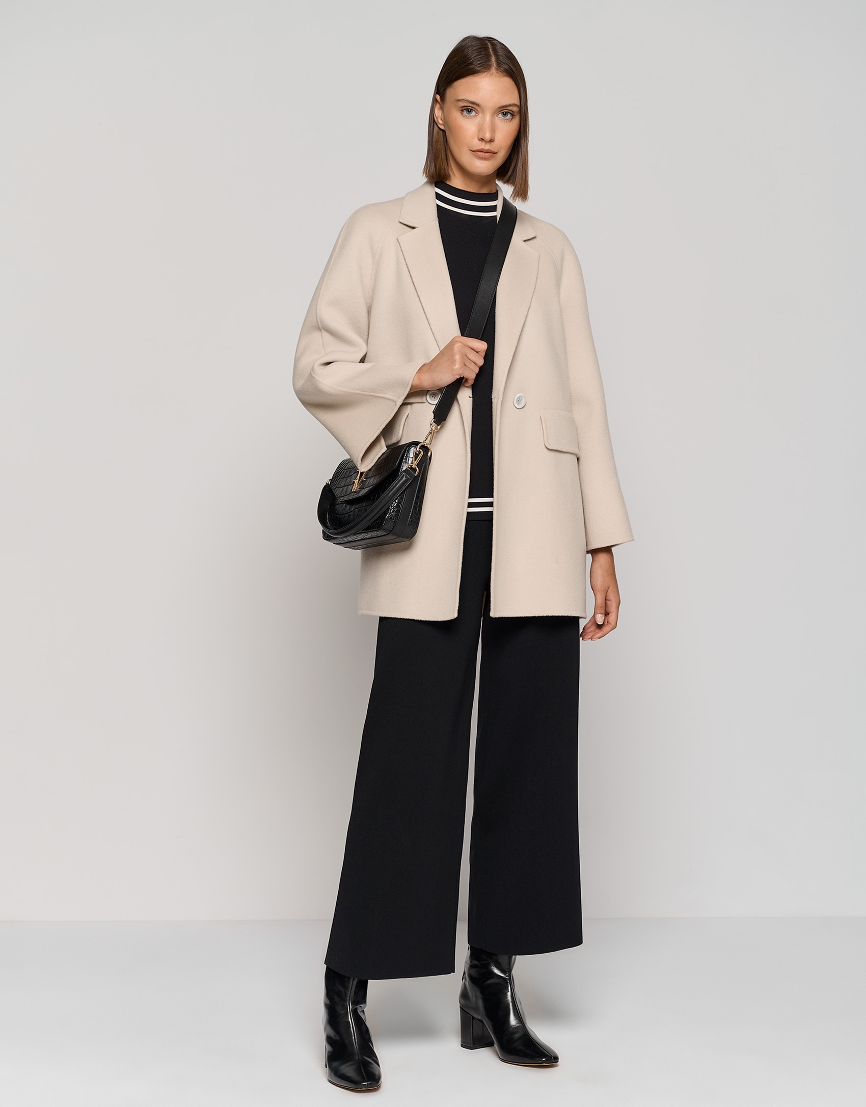 Beige three-quarter double-faced cloth parka