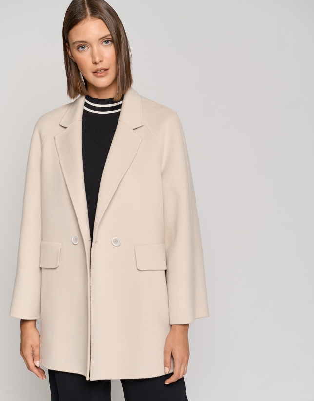 Beige three-quarter double-faced cloth parka