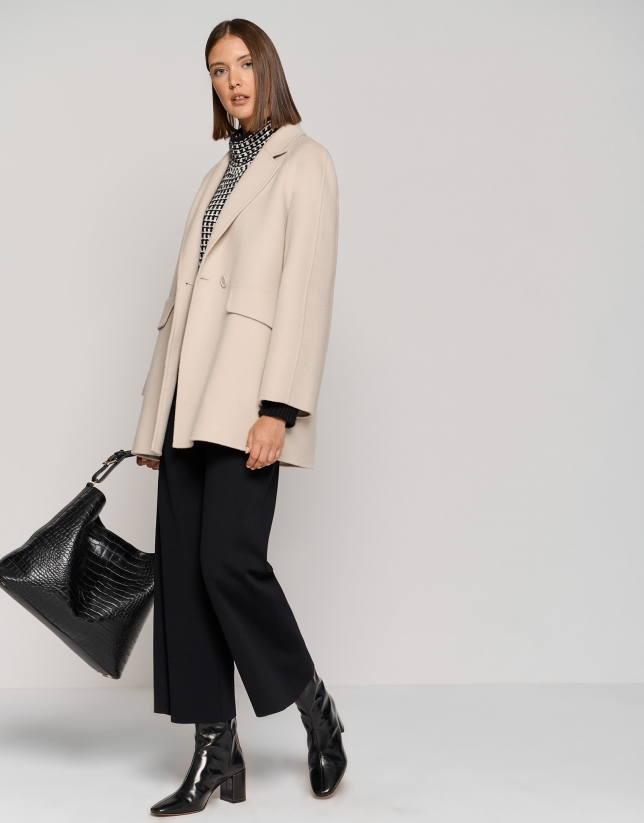 Beige three-quarter double-faced cloth parka