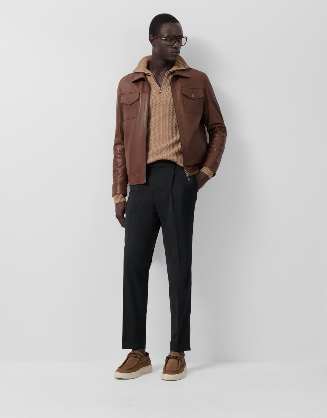 Brown nappa leather jacket with chest pockets