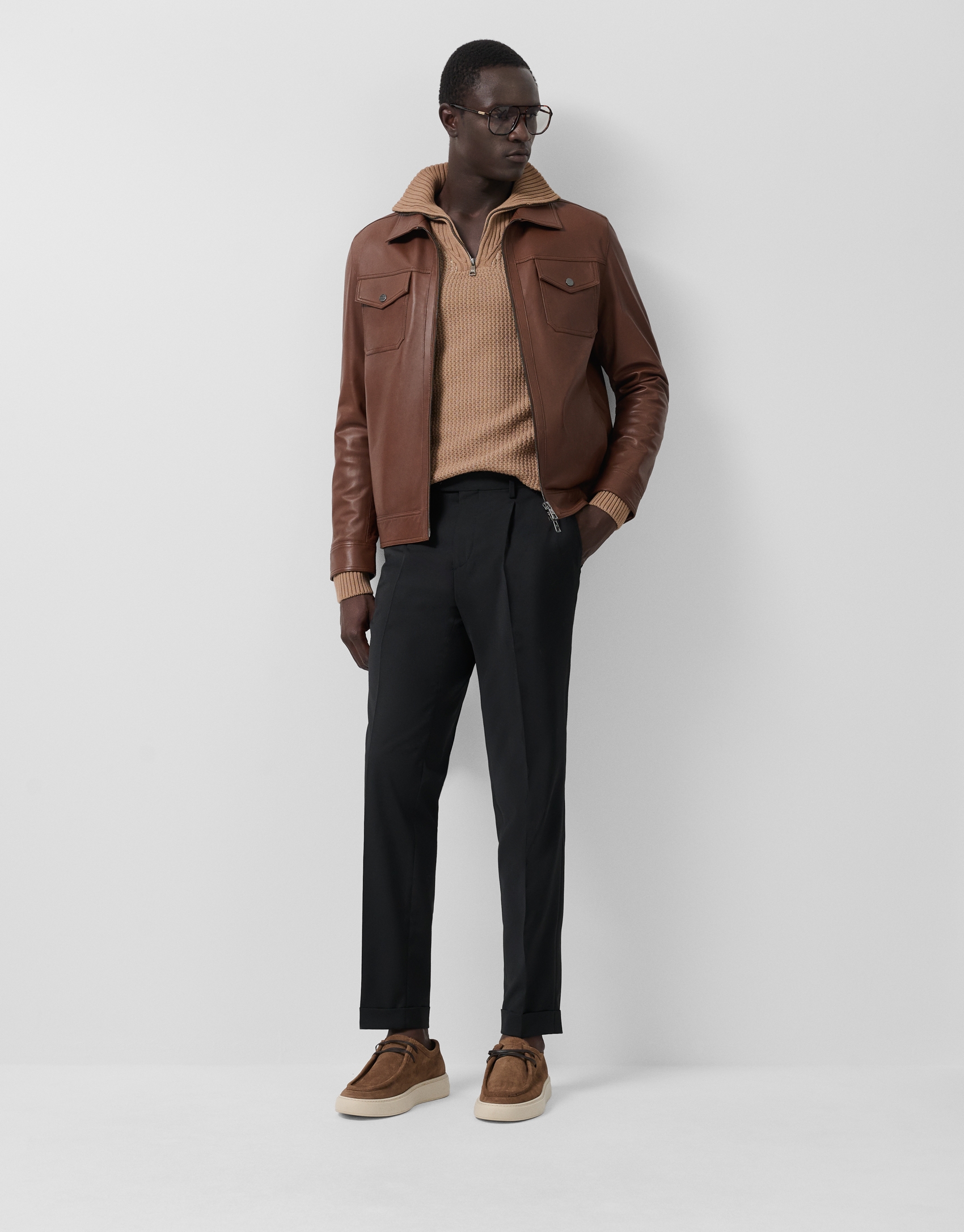 Brown nappa leather jacket with chest pockets