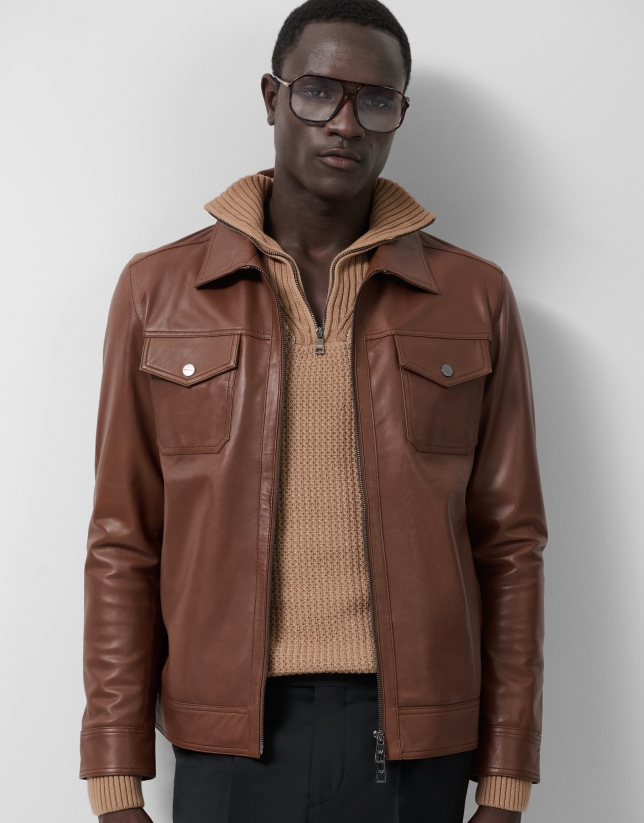 Brown nappa leather jacket with chest pockets
