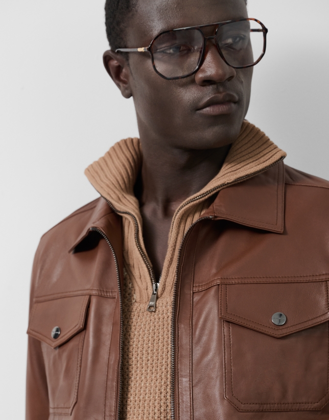 Brown nappa leather jacket with chest pockets