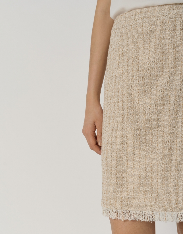 Sand-colored short tweed skirt with fringed hem