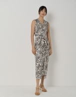 Sarong-style twill skirt with black and cream leaf print