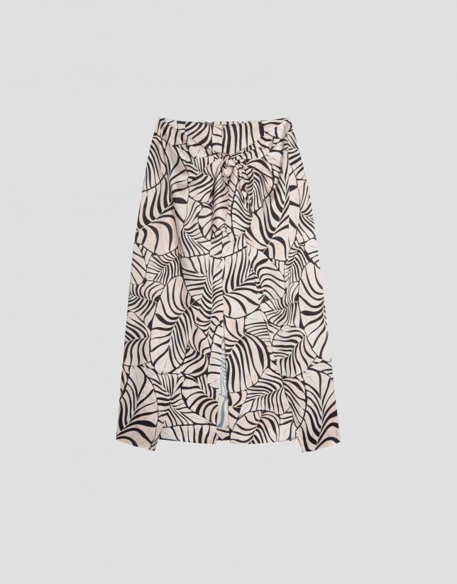 Falda pareo en twill estampado hojas negro y arena