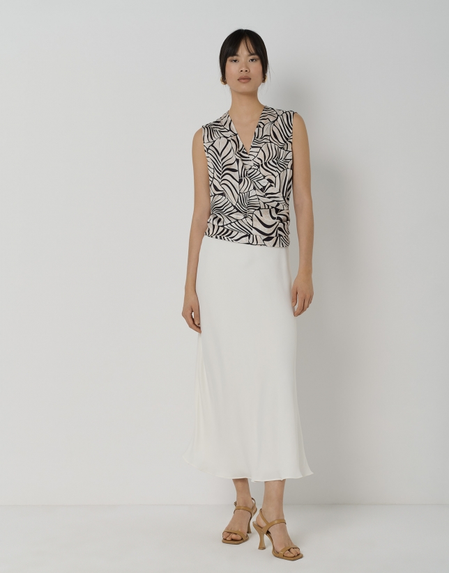 Beige twill flare midi skirt