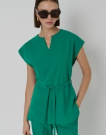 Green crepe oversize blouse with V-neck