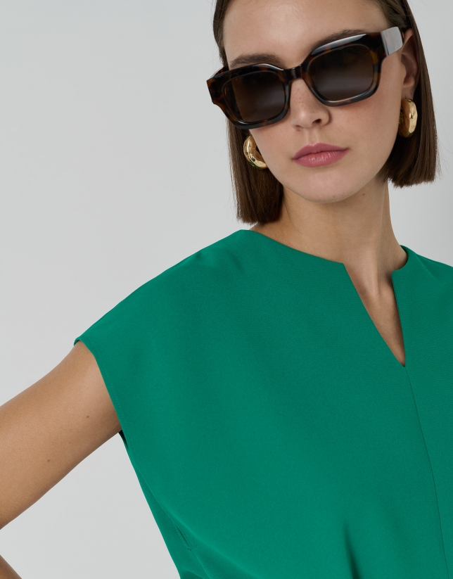 Green crepe oversize blouse with V-neck
