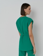 Green crepe oversize blouse with V-neck