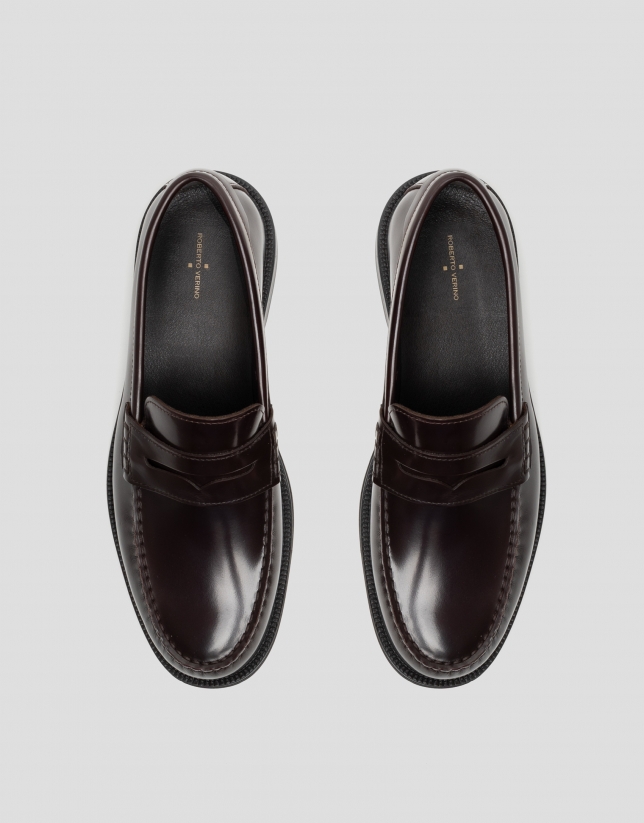 Men's brown leather loafers with mask