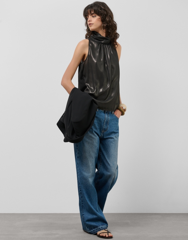 Black lamé halter neck top