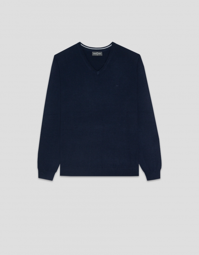 Navy blue wool sweater with V-neck