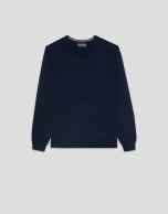 Navy blue wool sweater with V-neck