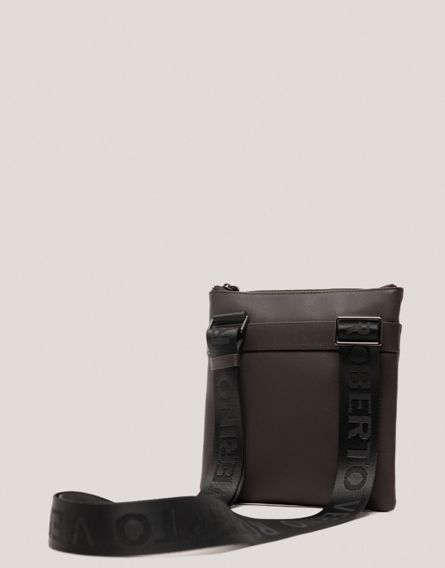 Mim flat shoulder bag in brown leather