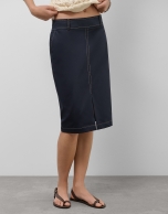 Navy blue skirt with slit and beige back-stitching