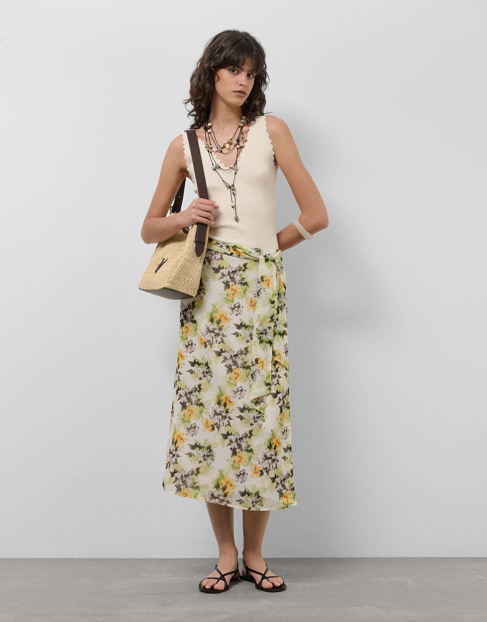 Sarong-style georgette crepe midi skirt with floral print