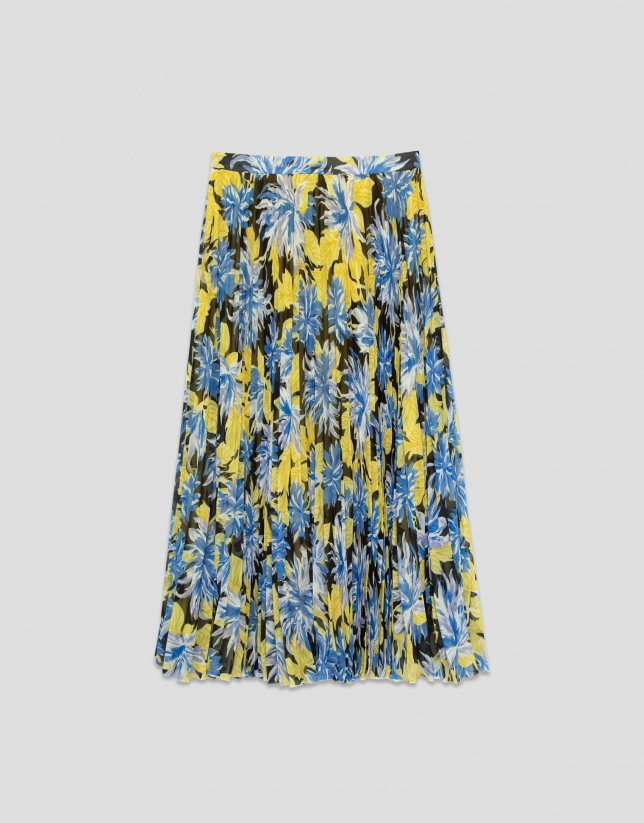 Pleated georgette crepe midi skirt with blue floral print
