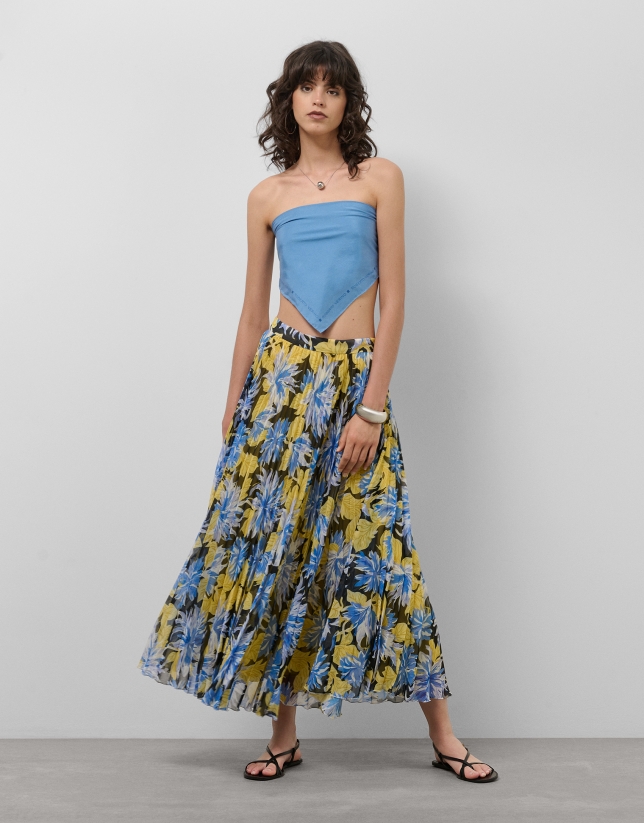 Pleated georgette crepe midi skirt with blue floral print