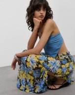 Pleated georgette crepe midi skirt with blue floral print