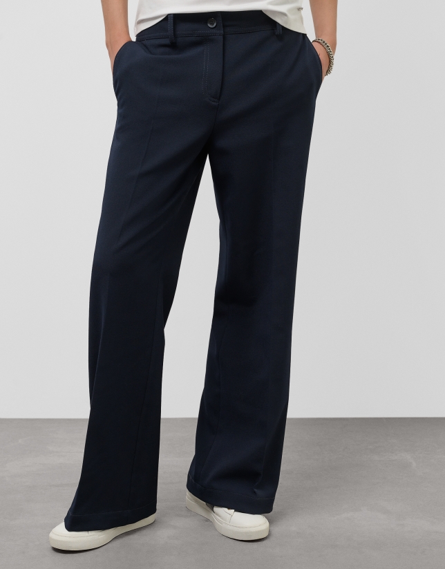 Wide-leg navy blue crepe pants