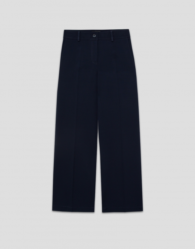 Wide-leg navy blue crepe pants