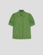 Green taffeta blouse with puckered short sleeves