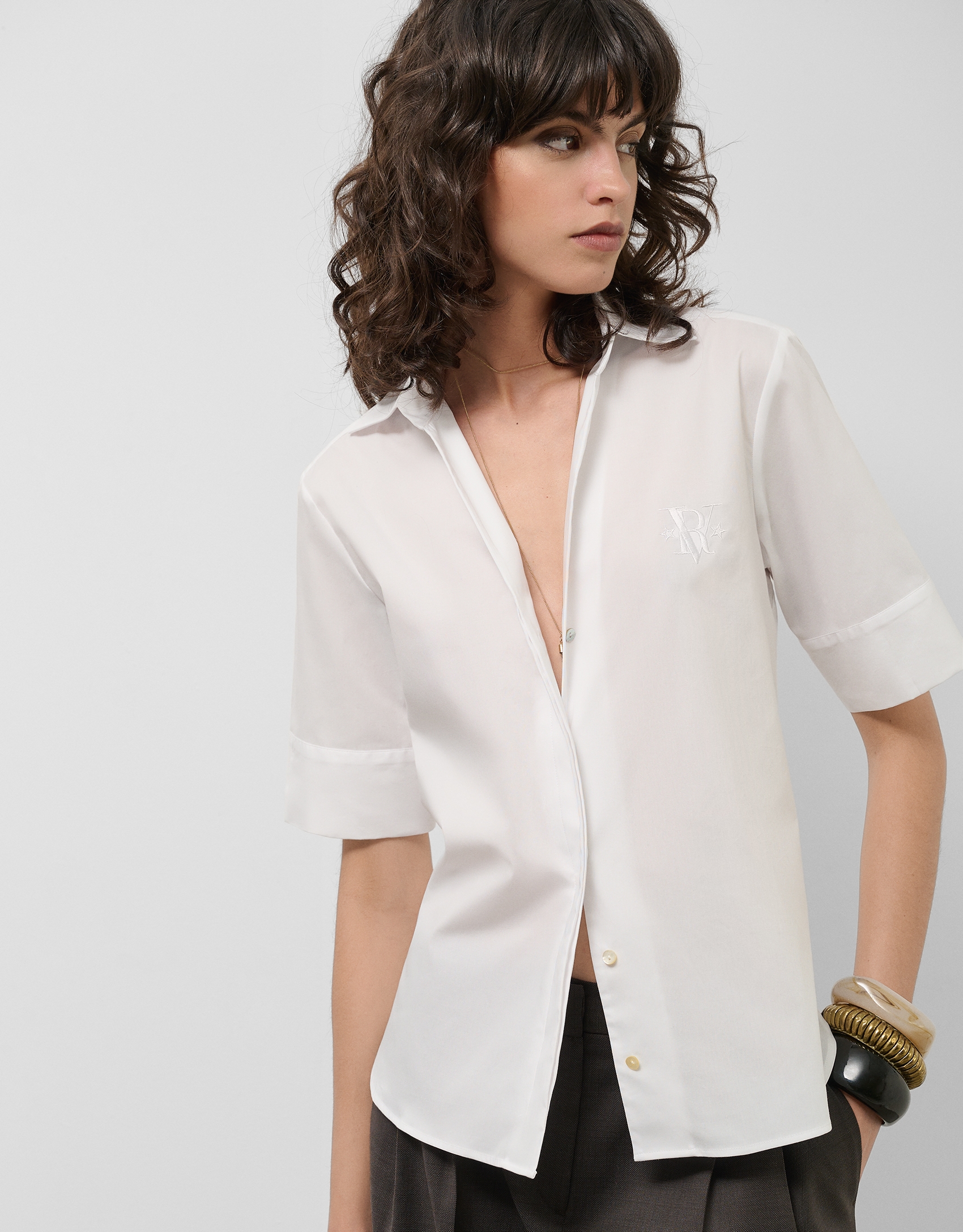White cotton poplin short sleeved blouse