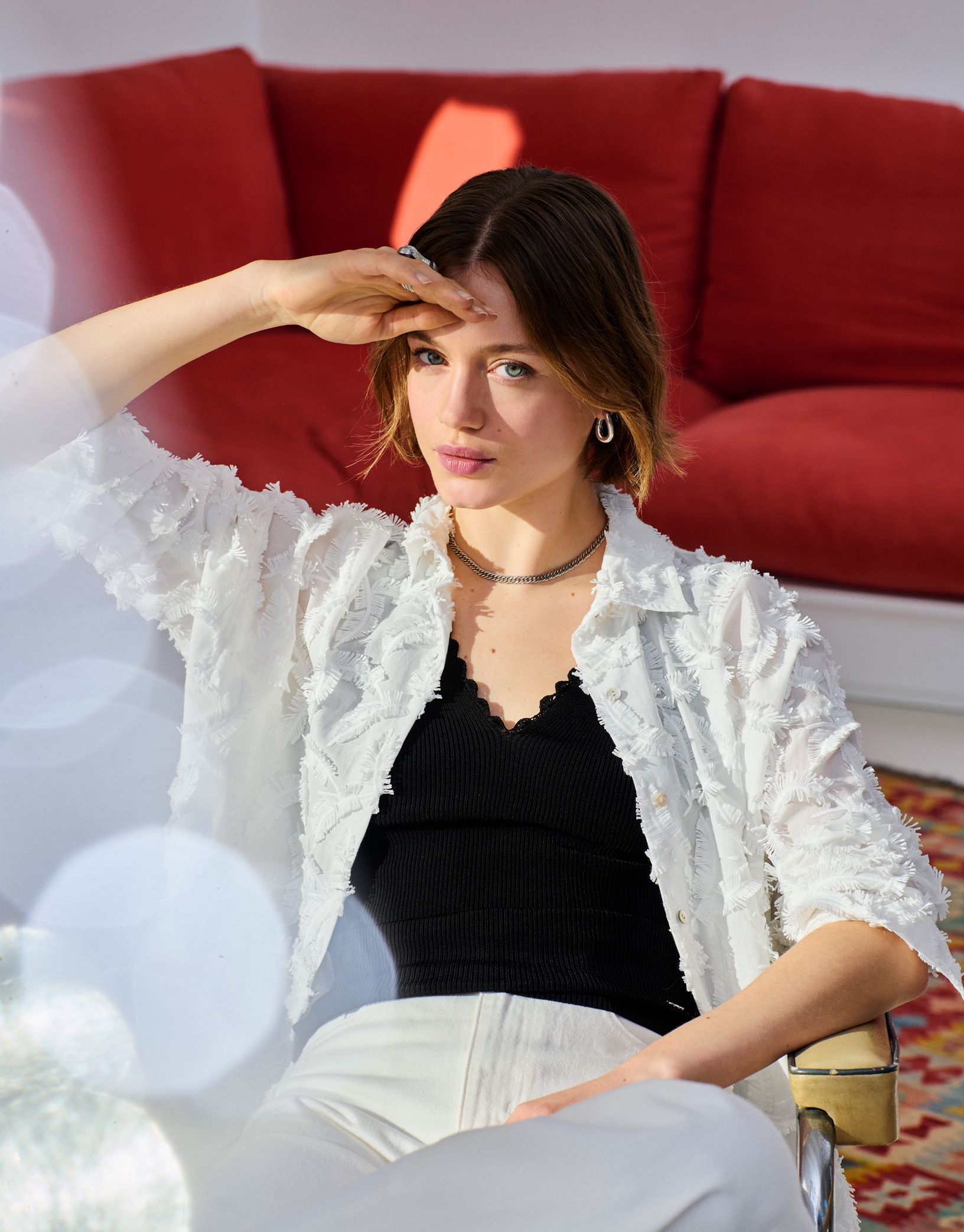 White cotton chiffon oversize blouse with feather fil coupe