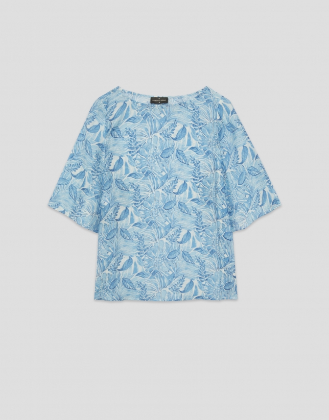 Loose blue chiffon blouse with decorative plant  print