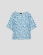 Loose blue chiffon blouse with decorative plant  print