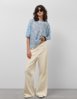Loose blue chiffon blouse with decorative plant  print