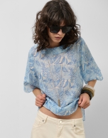 Loose blue chiffon blouse with decorative plant  print