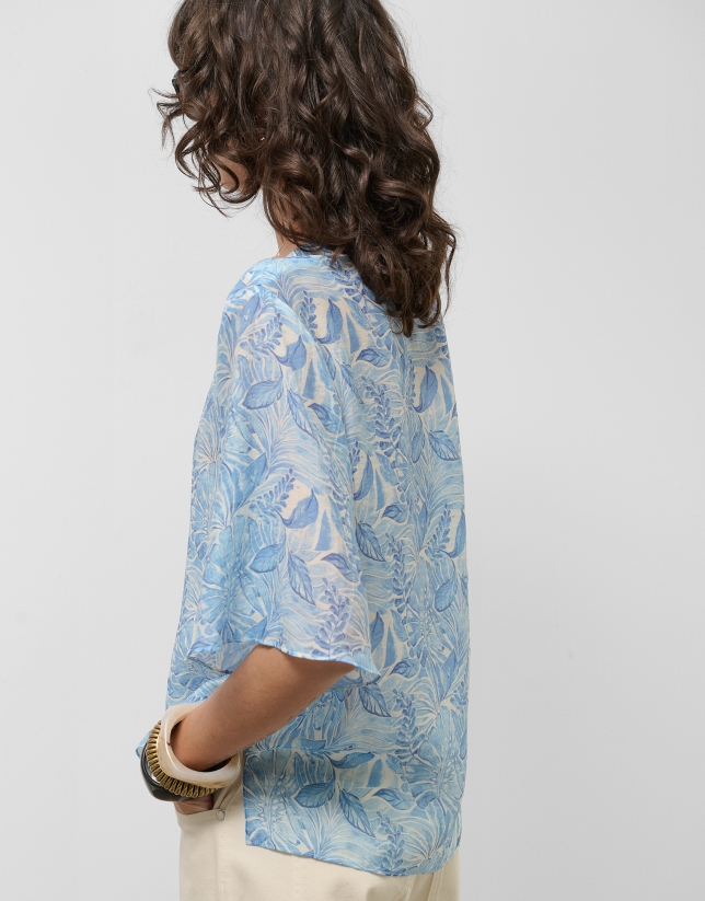 Loose blue chiffon blouse with decorative plant  print