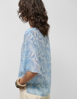 Loose blue chiffon blouse with decorative plant  print