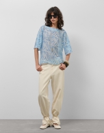Loose blue chiffon blouse with decorative plant  print