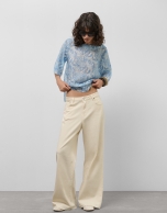 Loose blue chiffon blouse with decorative plant  print