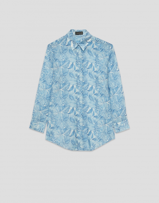Blusa larga en gasa estampado vegetal azul
