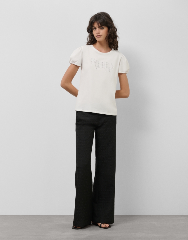 White cotton gathered short sleeve t-shirt with embroidered logo