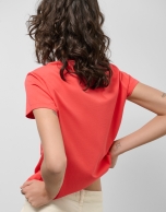 Red cotton T-shirt with embroidered flowers