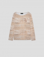 Camiseta escote barco y manga larga listas cámel